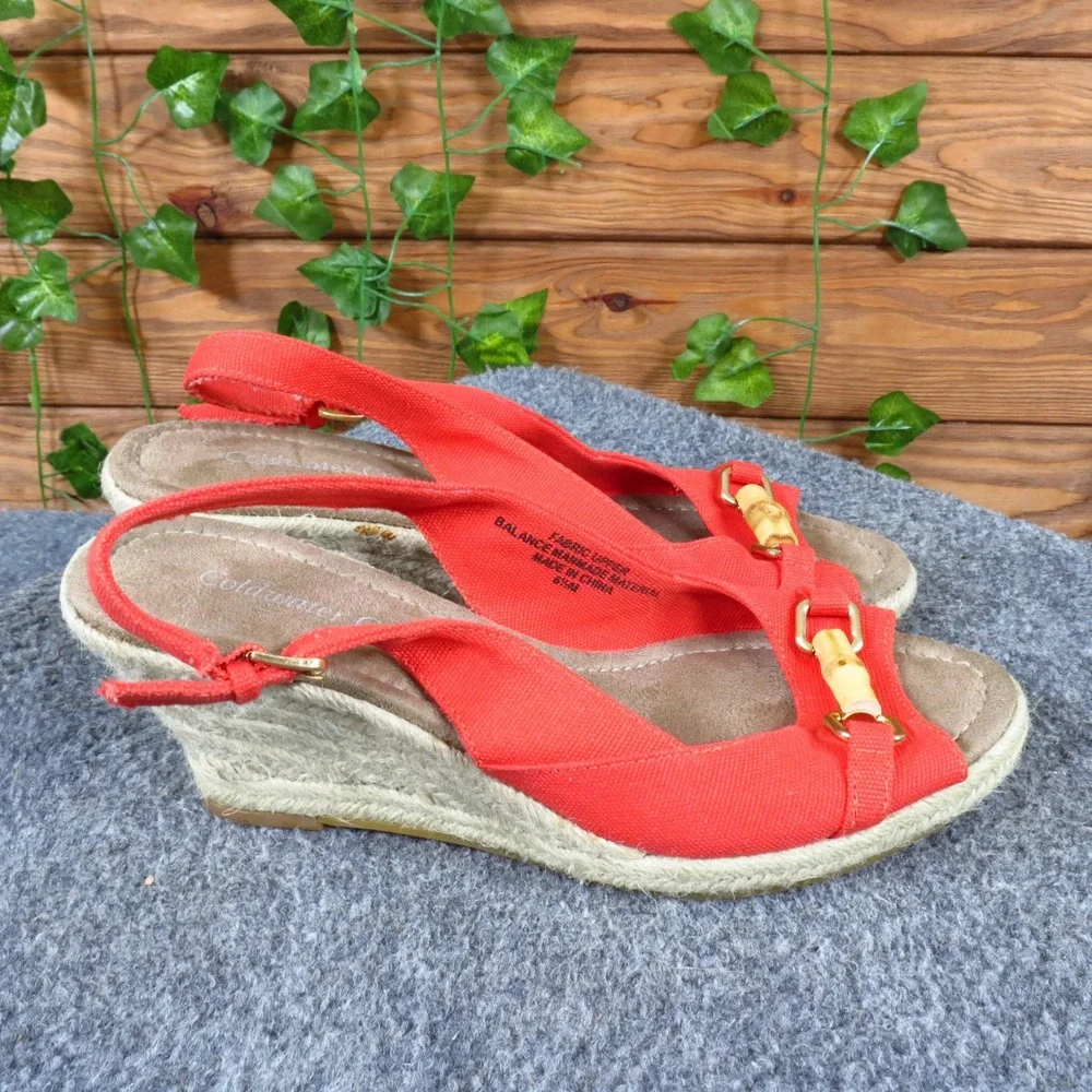 Coldwater Creek Women Espadrille Wedge Sandals Size 6.5 Summer Red Canvas Bamboo
